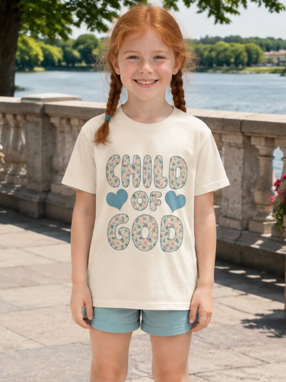 Child of God Kids T-Shirt Cute Youth Floral Bubble Letters Graphic Tee