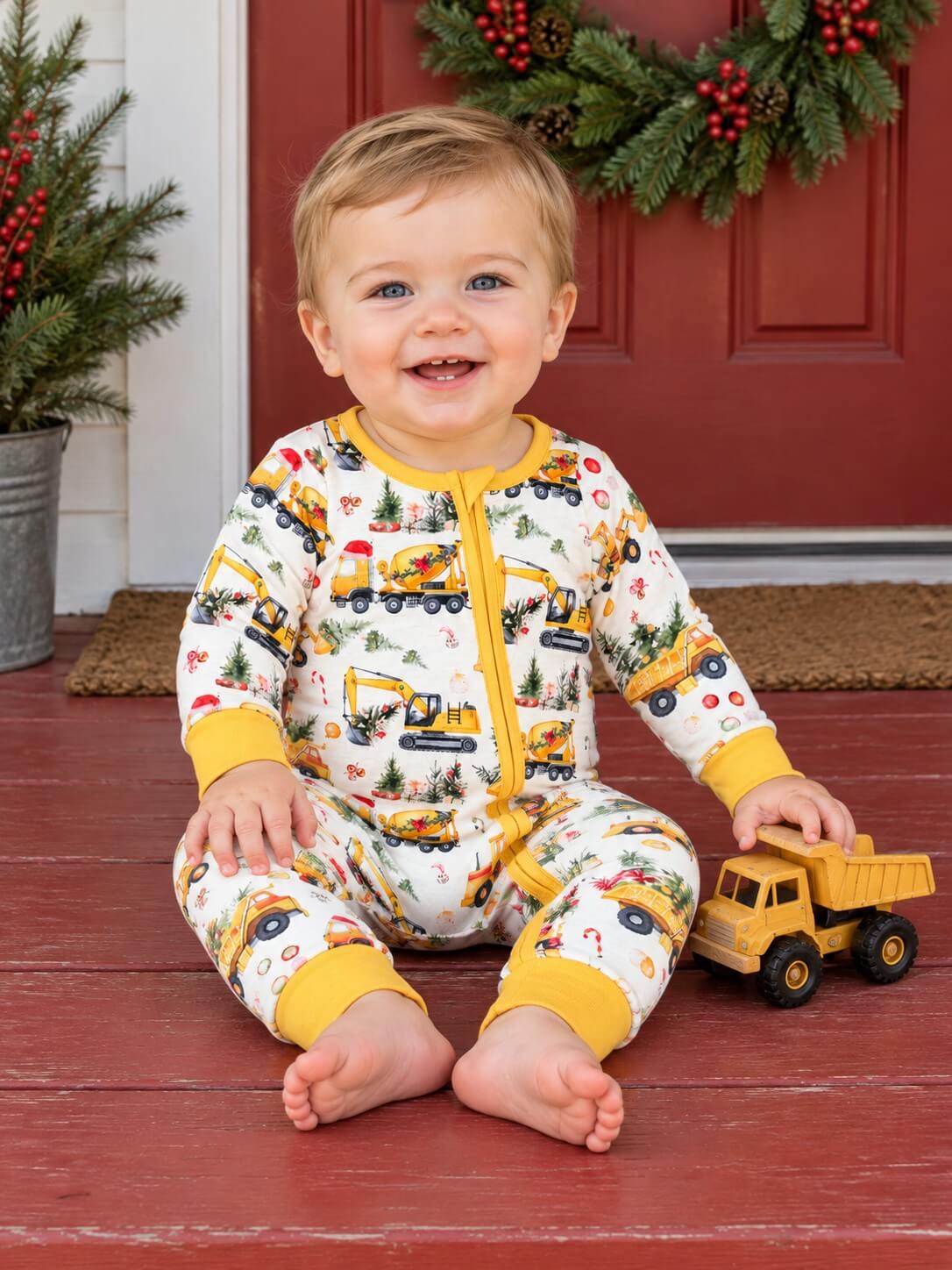 Christmas Construction Trucks Boys Zip Up Baby Romper