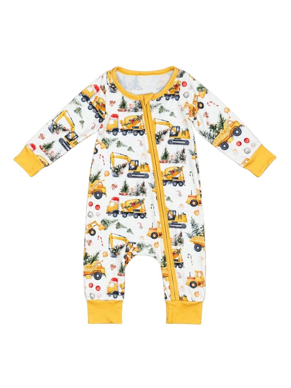 Christmas Construction Trucks Boys Zip Up Baby Romper