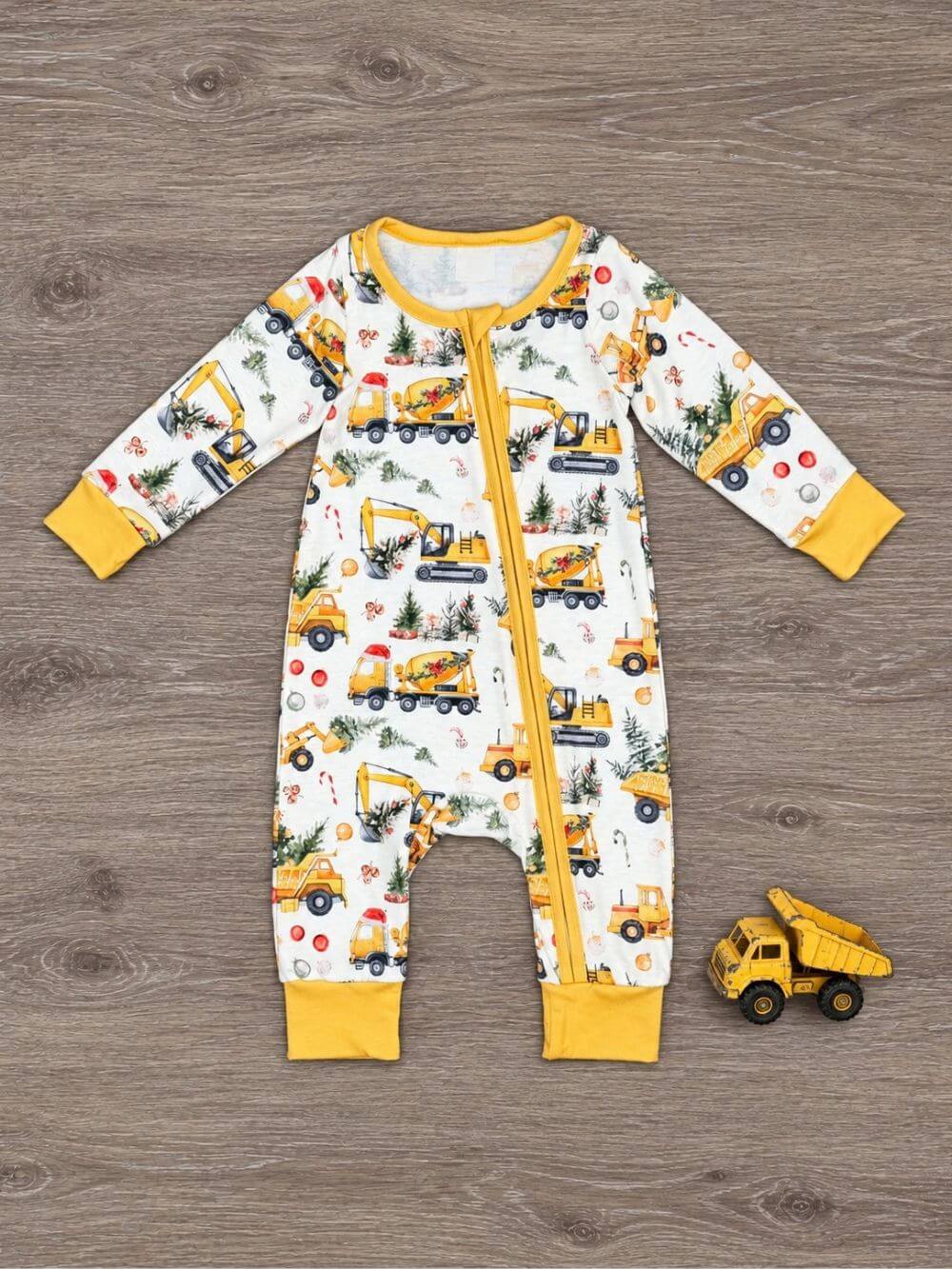 Christmas Construction Trucks Boys Zip Up Baby Romper