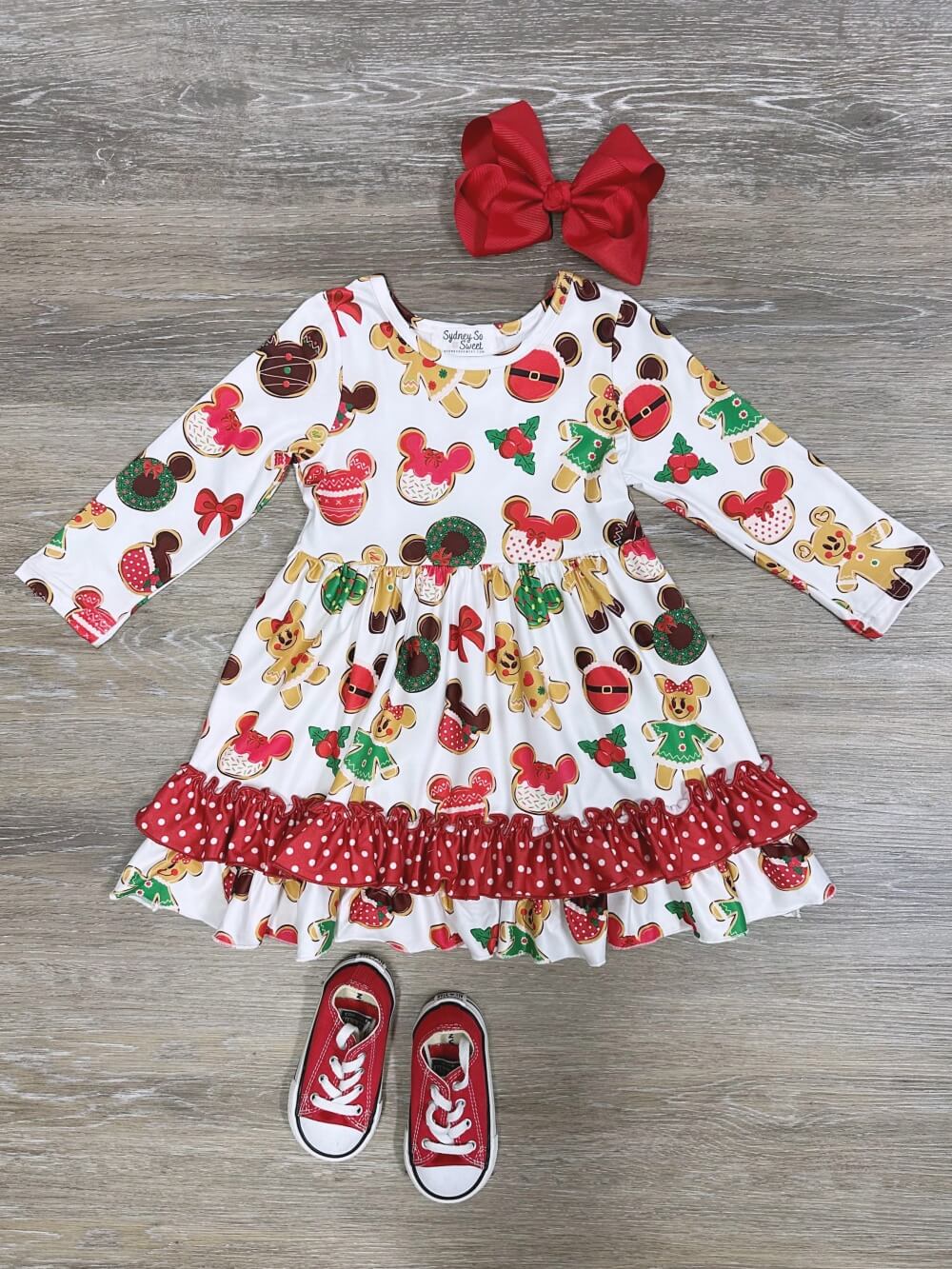 Christmas Cookie Mouse Polka Dot Ruffle Trim Girls Dress - Sydney So Sweet