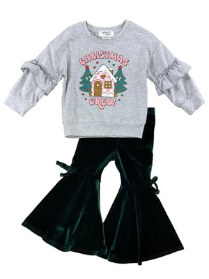 Christmas Crew Ruffle Sleeve Velvet Bell Bottom Girls Outfit - Sydney So Sweet