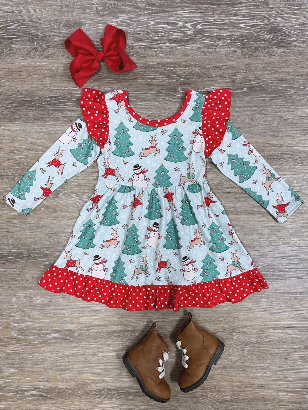 Christmas Dreams Reindeer &amp; Snowman Ruffle Trim Girls Dress - Sydney So Sweet