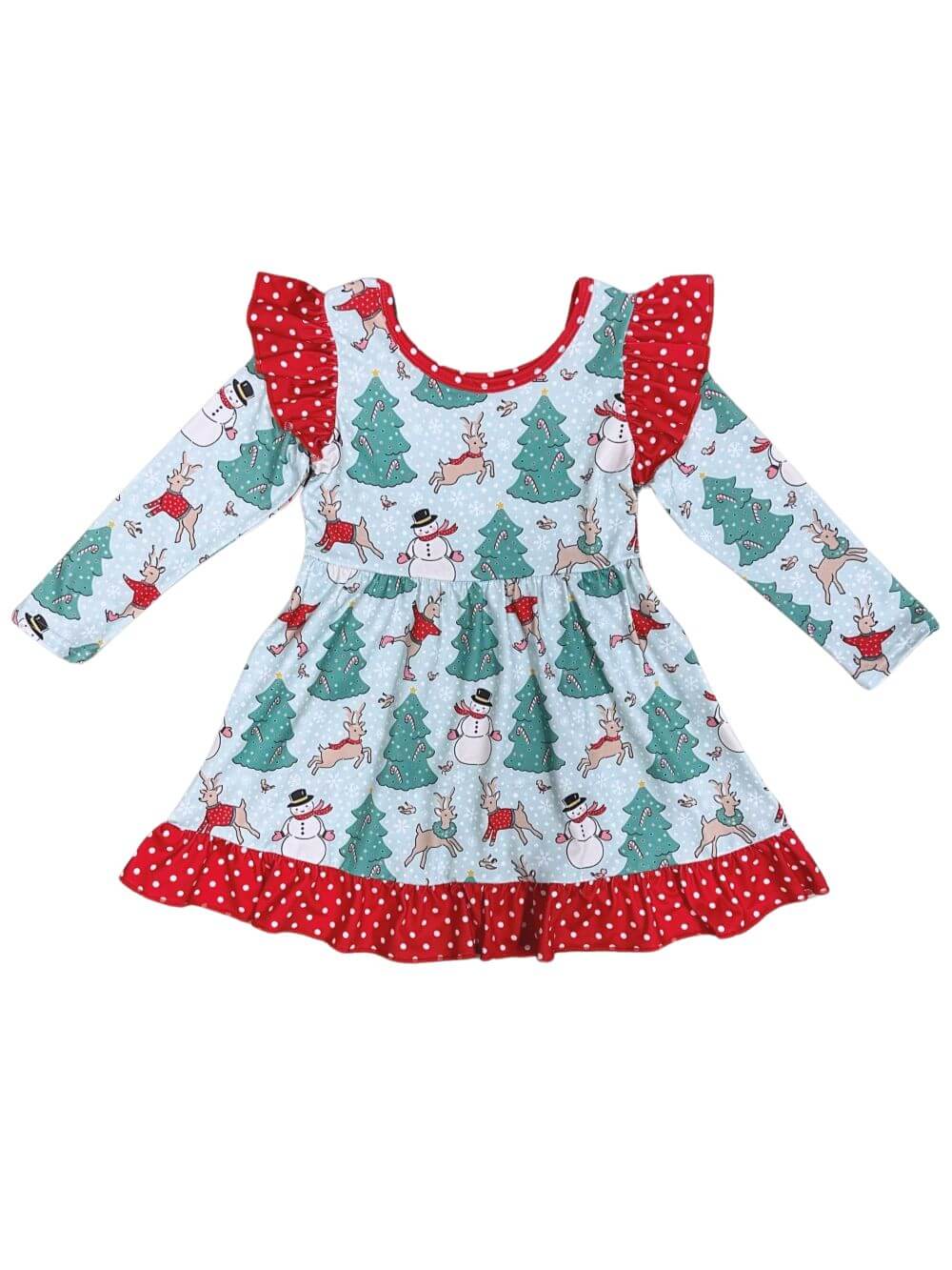 Christmas Dreams Reindeer & Snowman Ruffle Trim Girls Dress - Sydney So Sweet