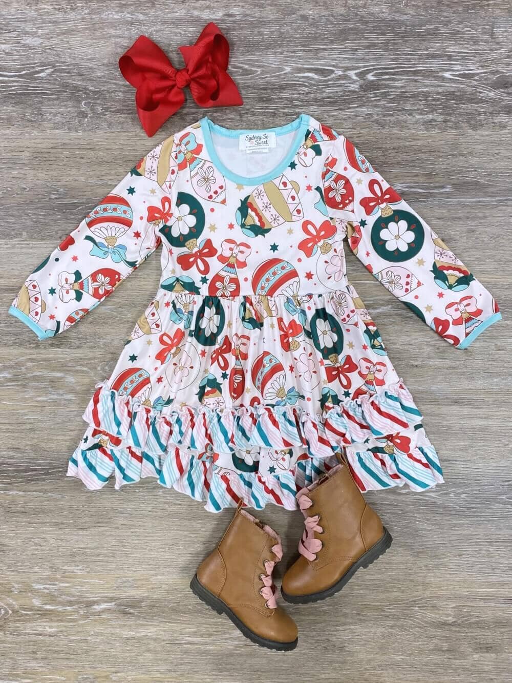 Christmas Ornaments Ruffle Tiered Girls Dress - Sydney So Sweet