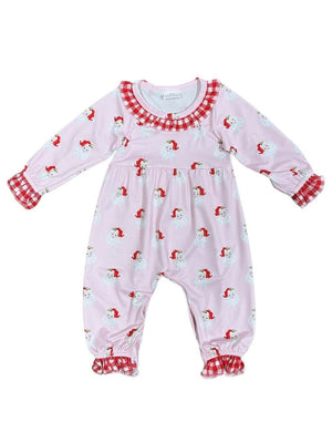 Christmas Santa Claus Pink Ruffle Trim Girls Baby Romper - Sydney So Sweet