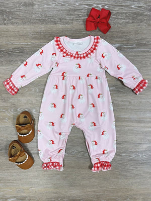 Christmas Santa Claus Pink Ruffle Trim Girls Baby Romper - Sydney So Sweet