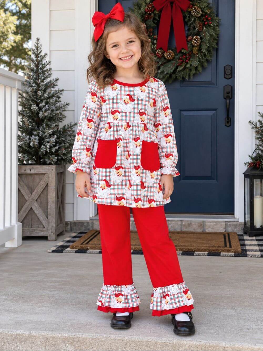 Christmas Santa Plaid Girls Ruffle Trim Pants Outfit