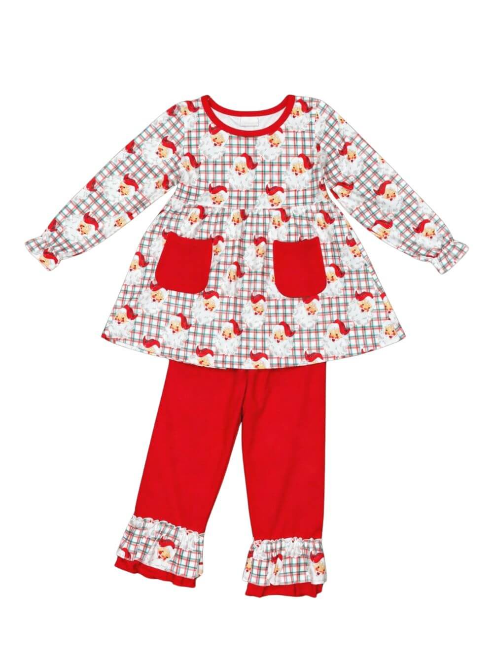 Christmas Santa Plaid Girls Ruffle Trim Pants Outfit
