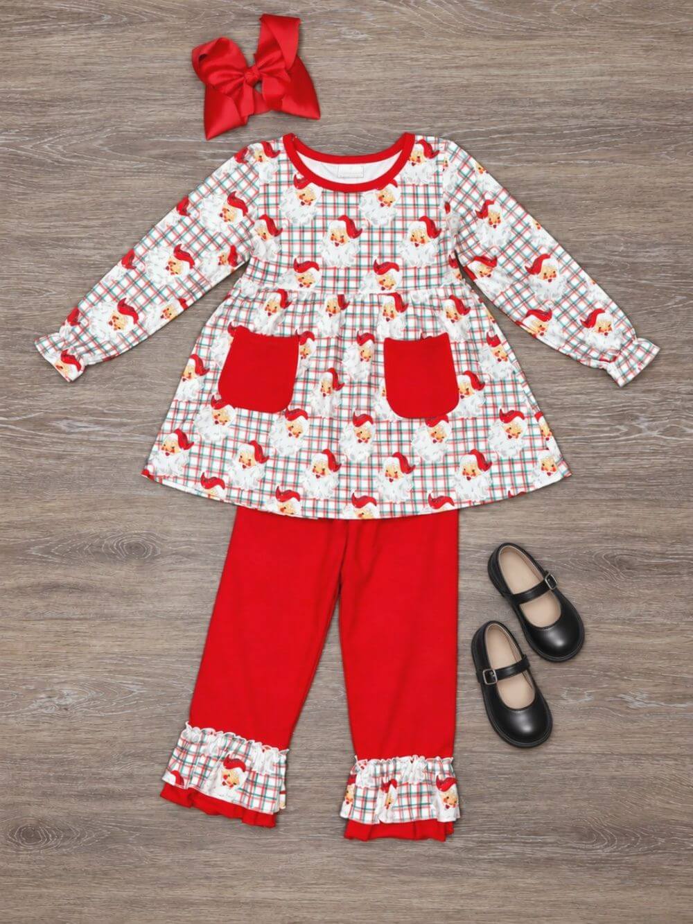 Christmas Santa Plaid Girls Ruffle Trim Pants Outfit