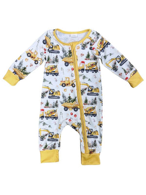 Christmas Tree Construction Yellow Trim Baby Romper - Sydney So Sweet