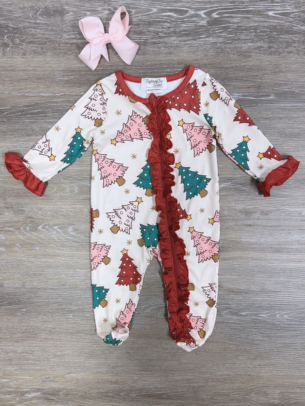 Christmas Tree Time Girls Red Ruffle Baby Romper - Sydney So Sweet