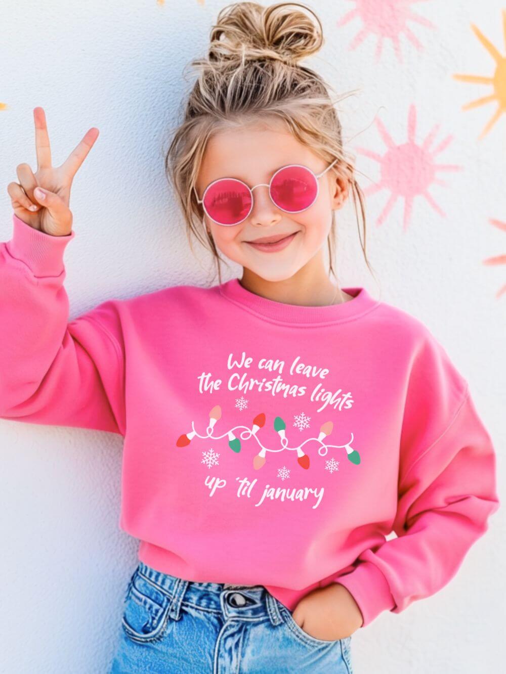 Leave the Christmas Lights Up Kids' Crewneck Cozy Christmas Graphic Sweatshirt - Sydney So Sweet