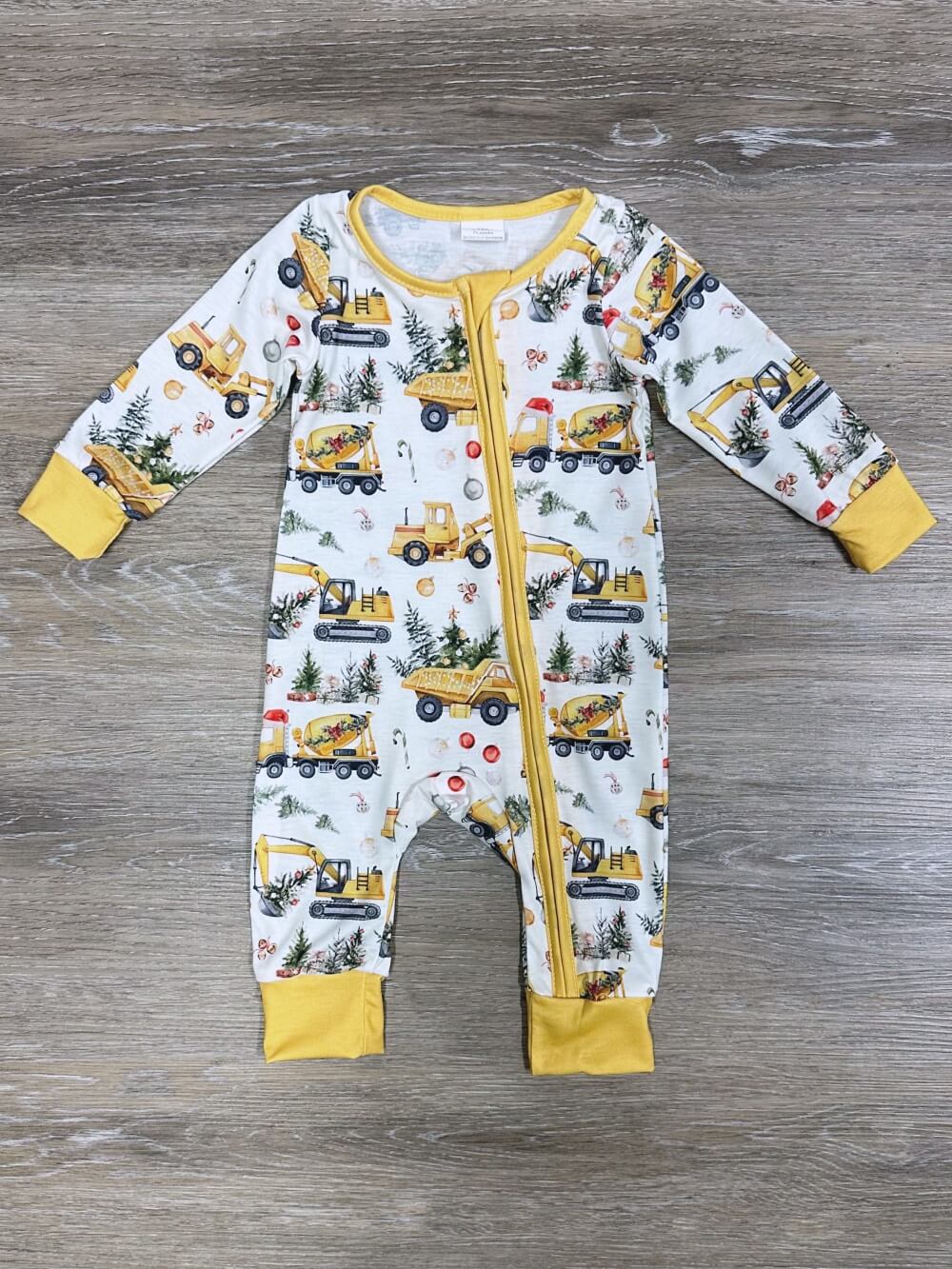 Christmas Tree Construction Yellow Trim Baby Romper - Sydney So Sweet