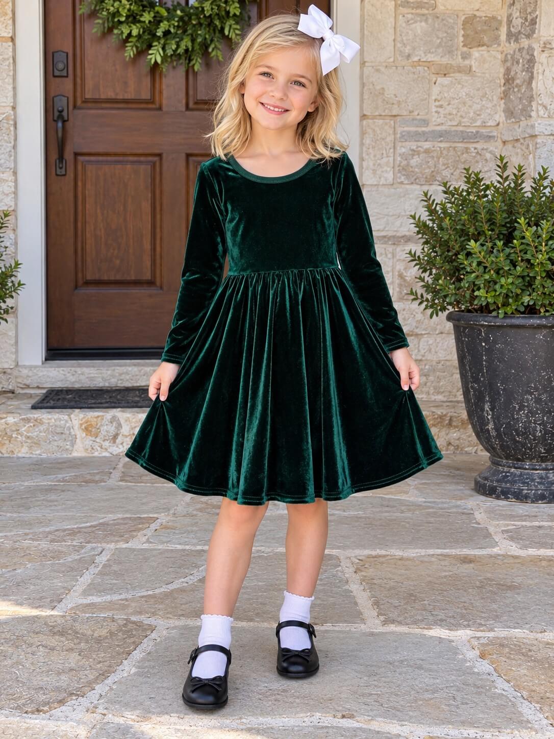 Classic Green Velvet Girls Holiday Twirl Dress