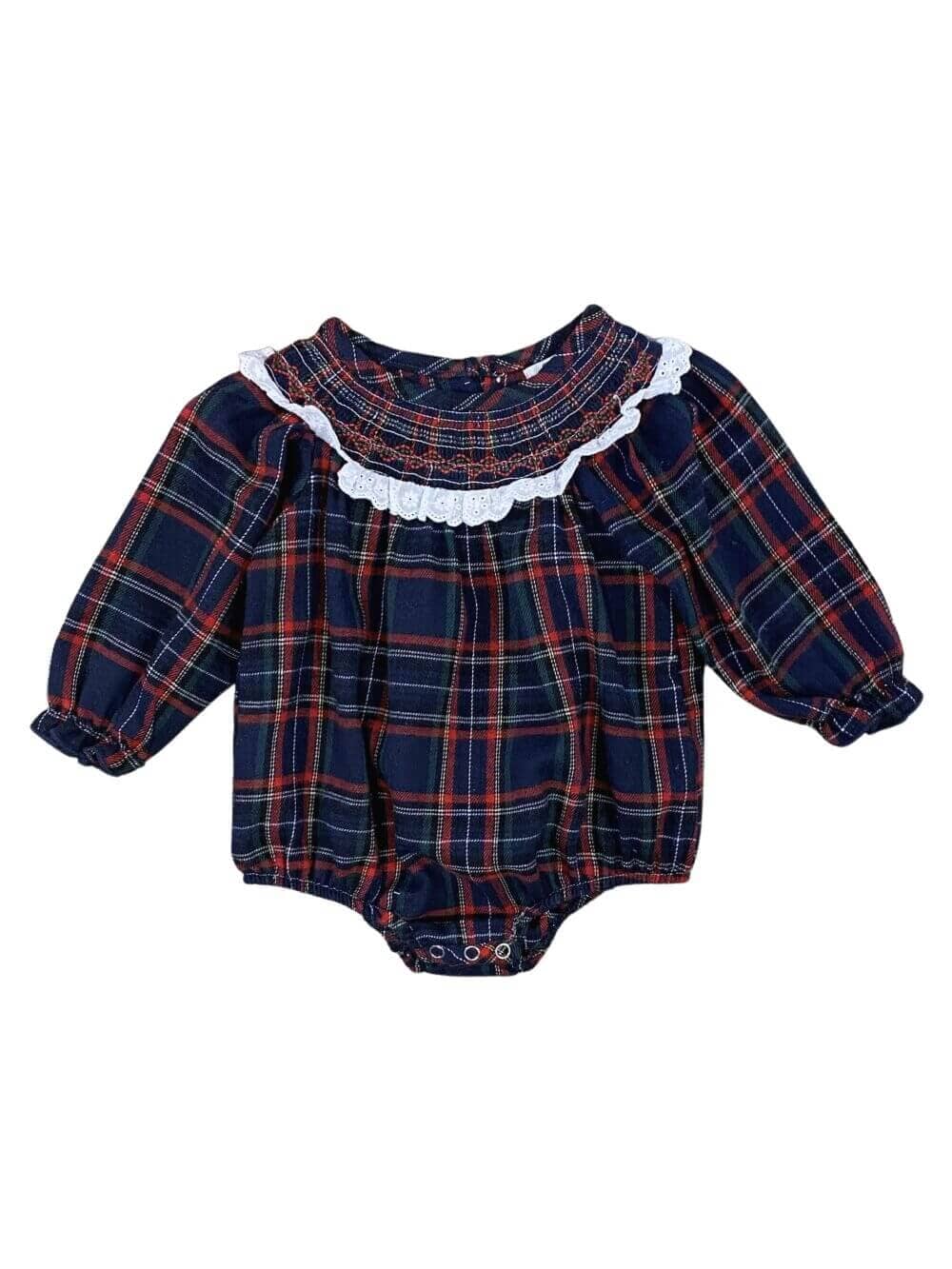 Classic Navy Blue Tartan Plaid Smocked Collar Baby Romper - Sydney So Sweet