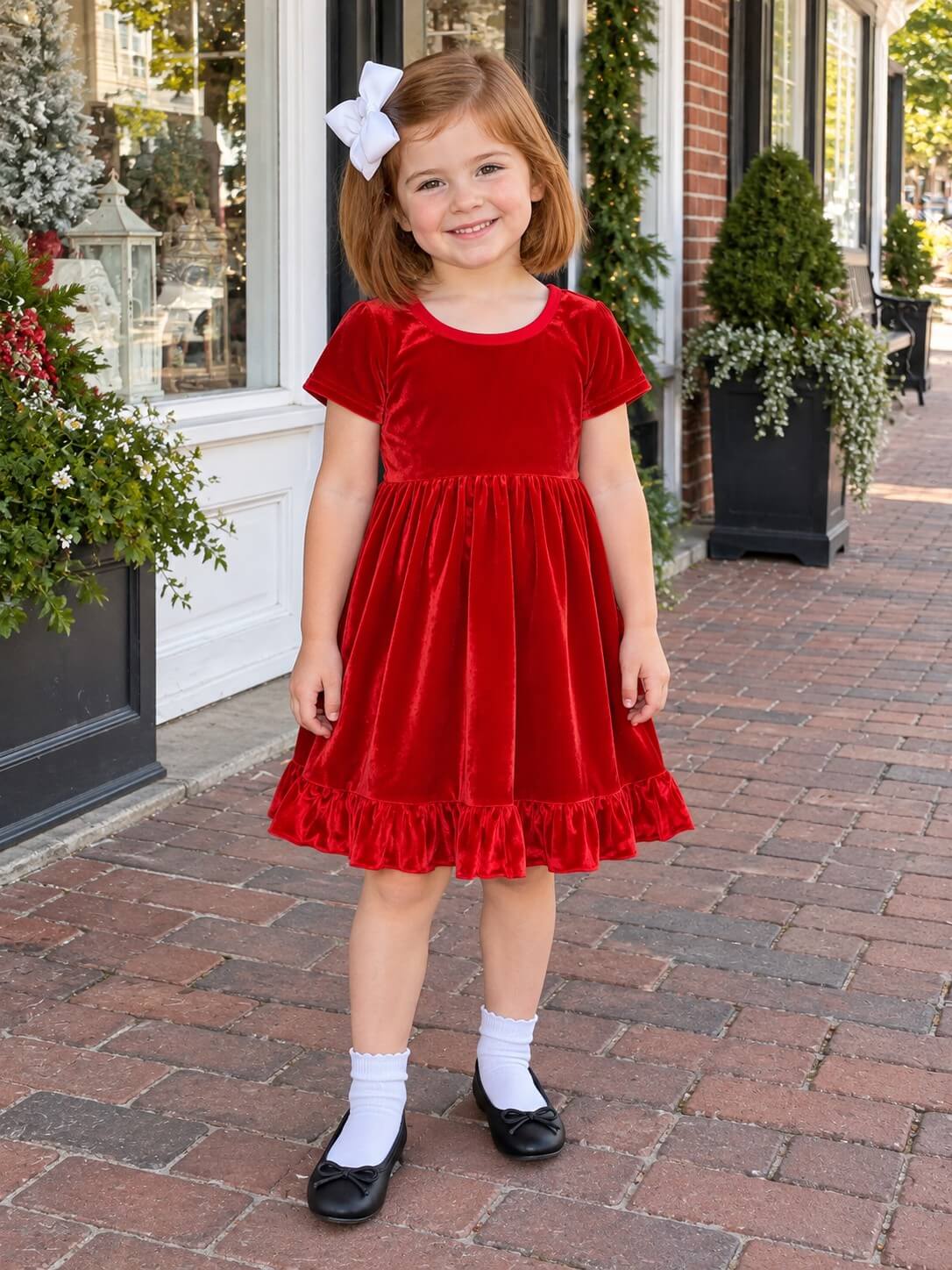 Classic Red Velvet Girls Holiday Ruffle Dress