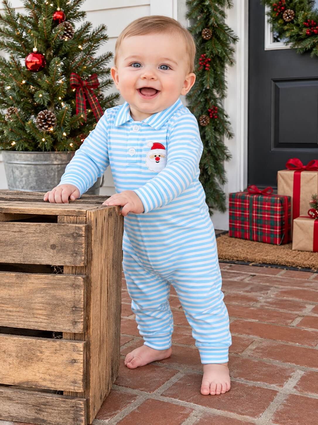 Classic Santa Blue Stripe Boys Christmas Baby Romper
