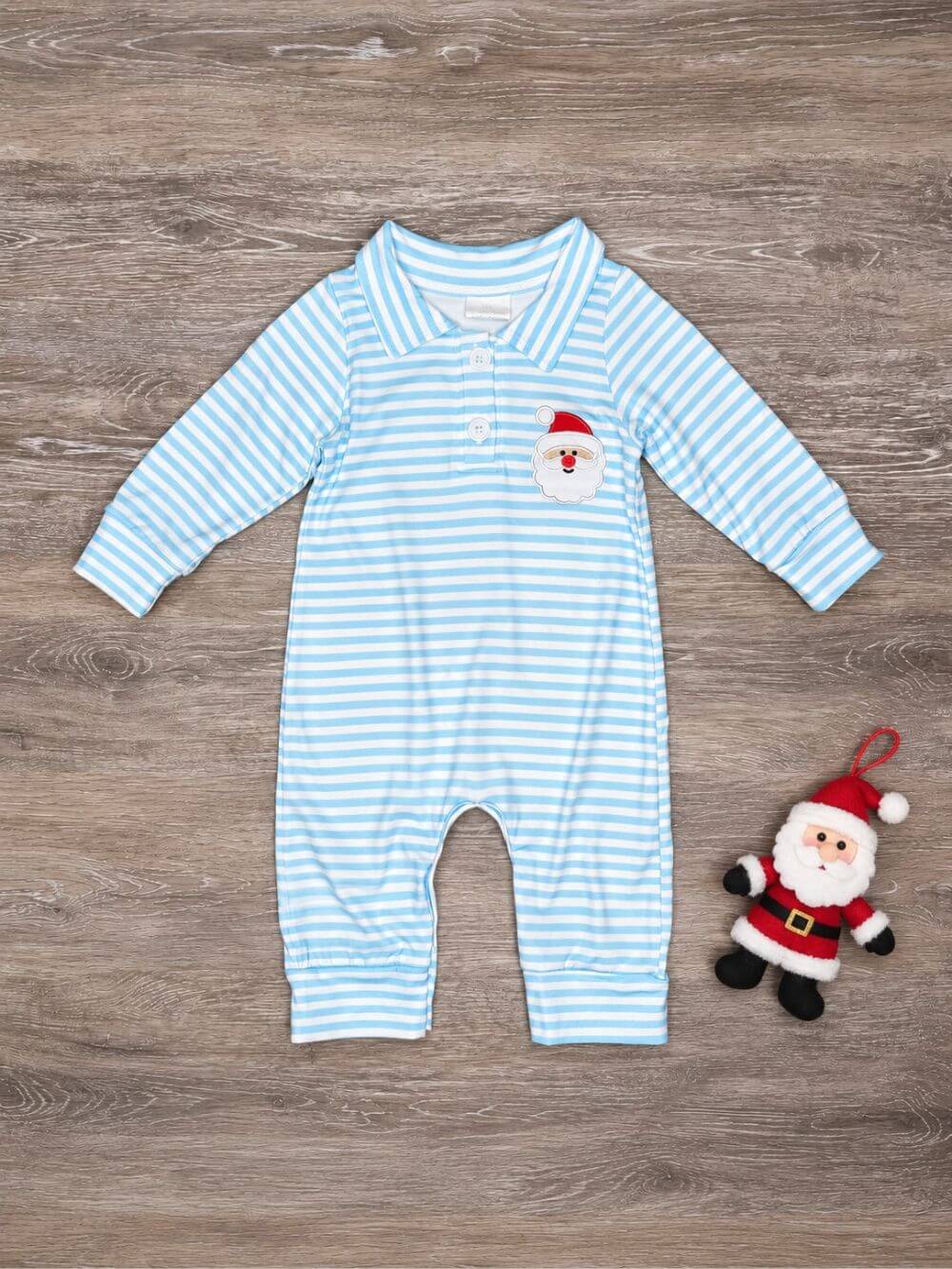 Classic Santa Blue Stripe Boys Christmas Baby Romper