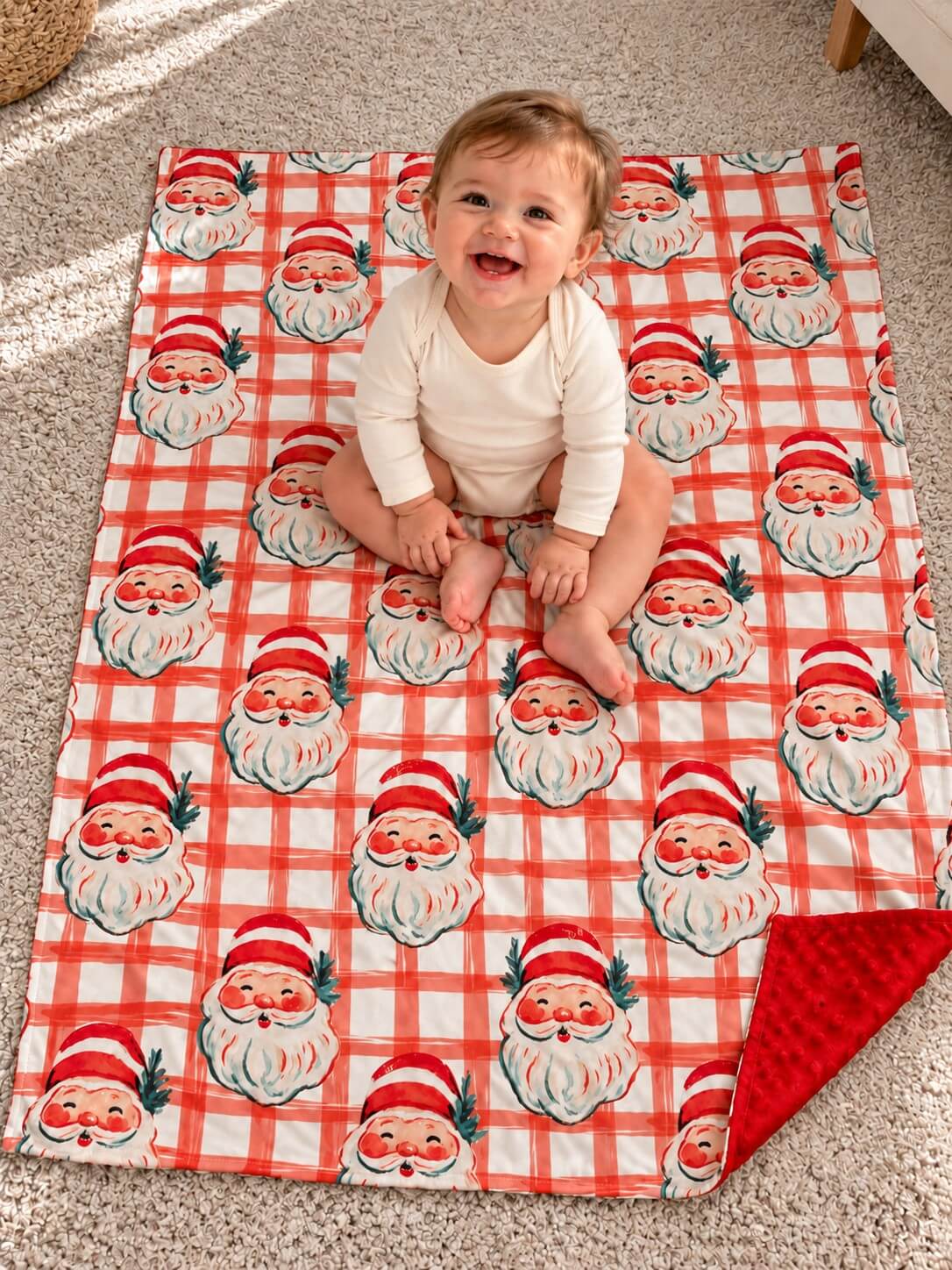 Santa Christmas plaid baby blanket with red minky dot backing spread on the floor beneath a baby, viewed from above