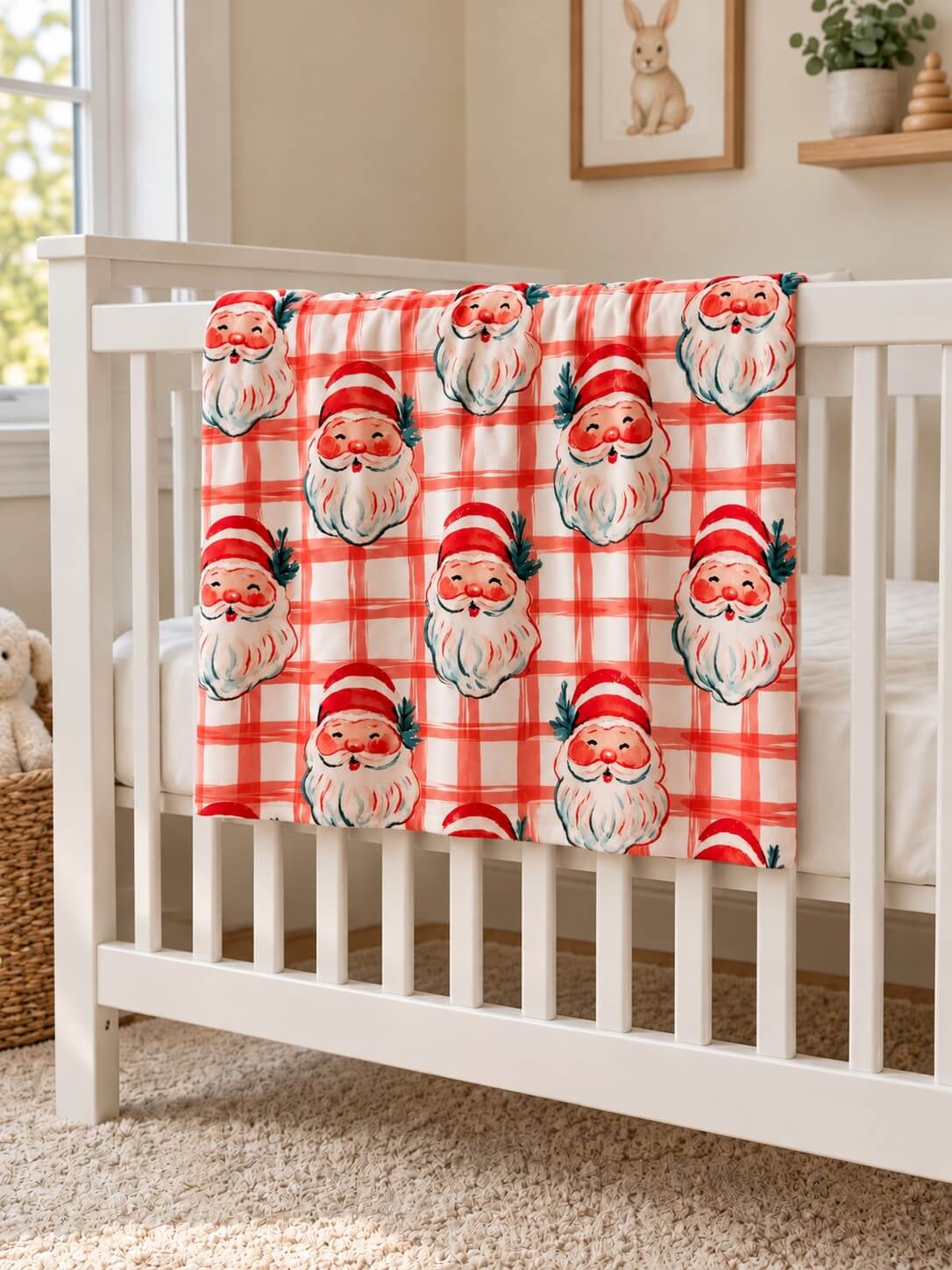 Santa Christmas plaid baby blanket with red minky dot backing draped over a crib rail