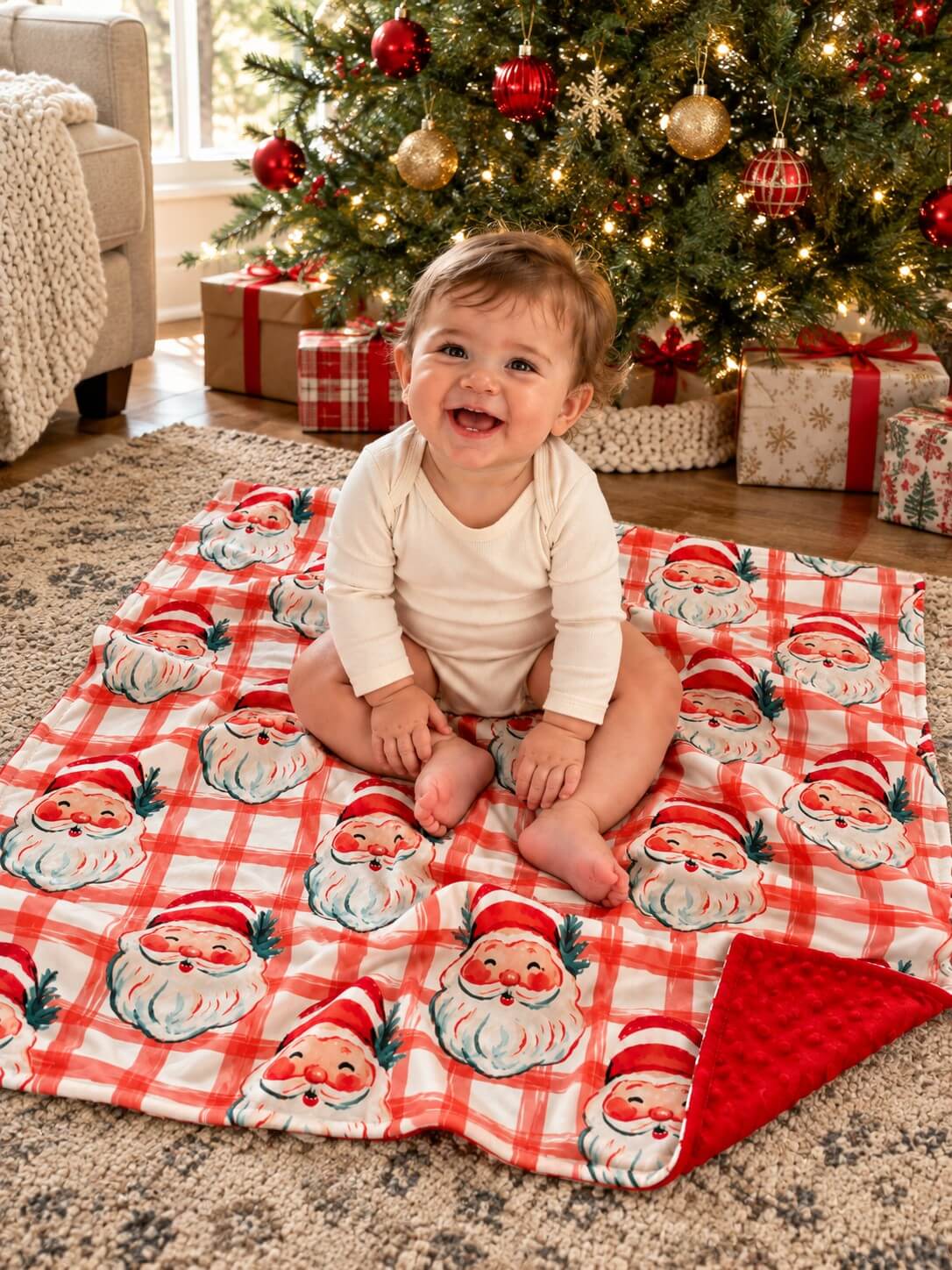 Santa Christmas plaid baby blanket with red minky dot backing spread out beneath a seated baby