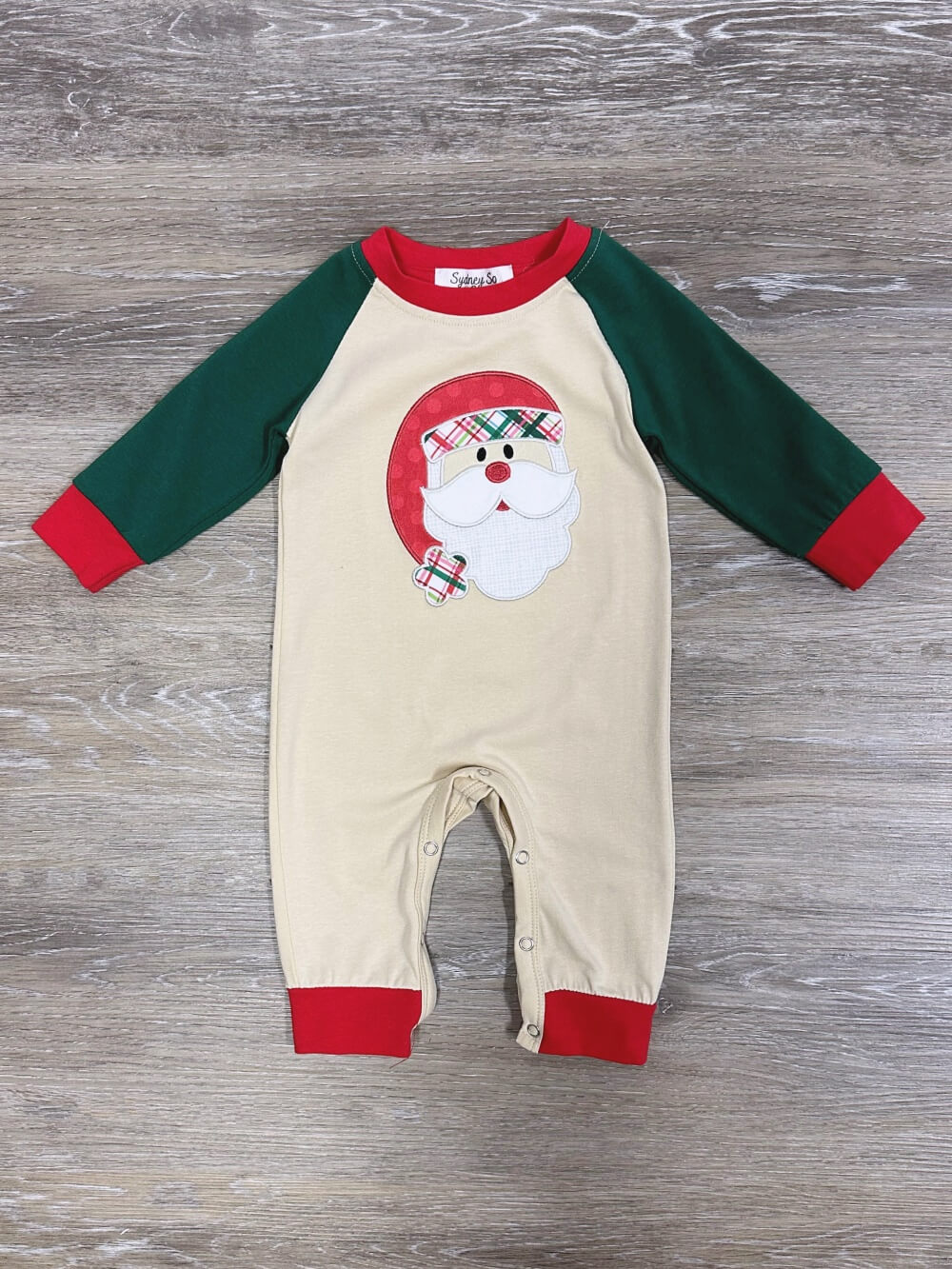 Classic Santa Claus Red &amp; Green Raglan Baby Romper - Sydney So Sweet