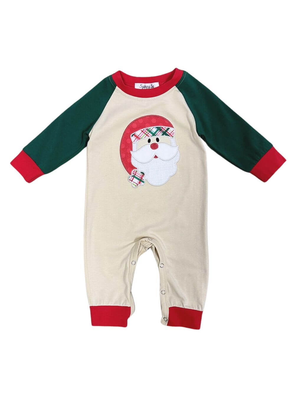 Classic Santa Claus Red & Green Raglan Baby Romper - Sydney So Sweet