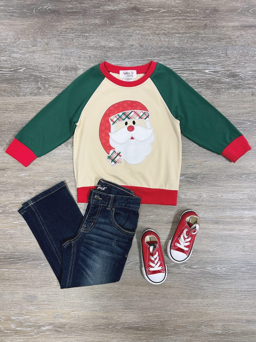 Classic Santa Claus Red &amp; Green Raglan Pullover Top - Sydney So Sweet