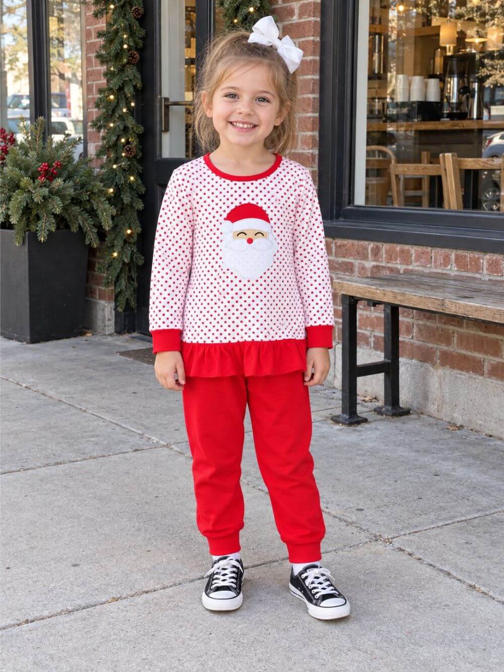 Classic Santa Polka Dot Girls Christmas Jogger Pants Outfit