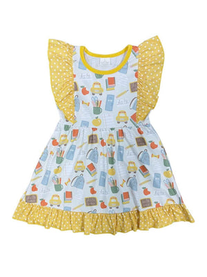 Classic Yellow Polka Dot Girls Ruffle Sleeve Back to School Dress - Sydney So Sweet