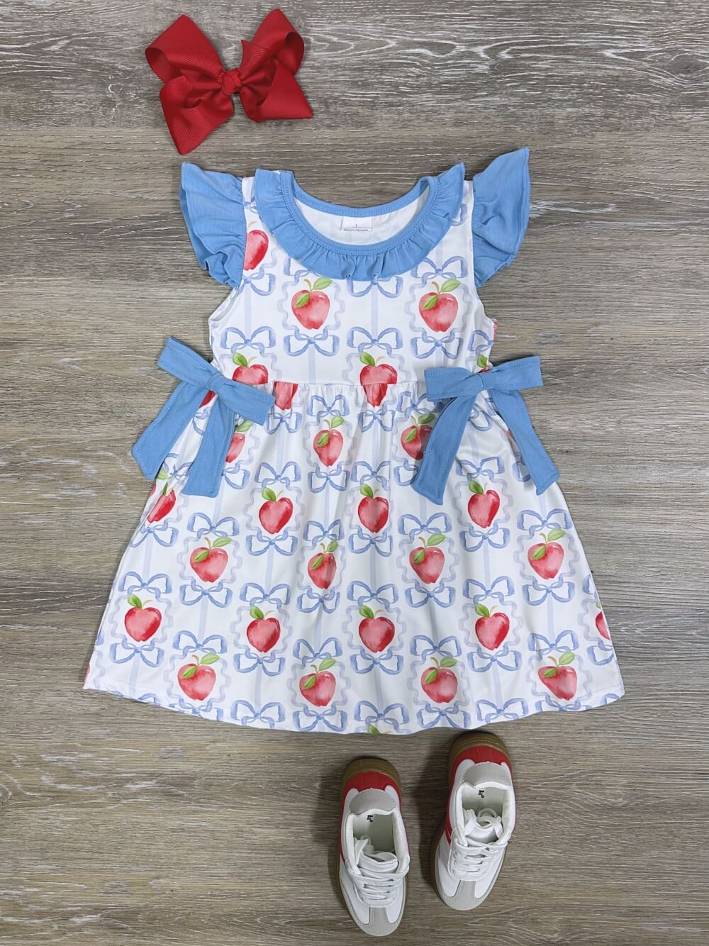 Classroom Cutie Apple & Bows Ruffle Girls Back to School Dress - Sydney So Sweet