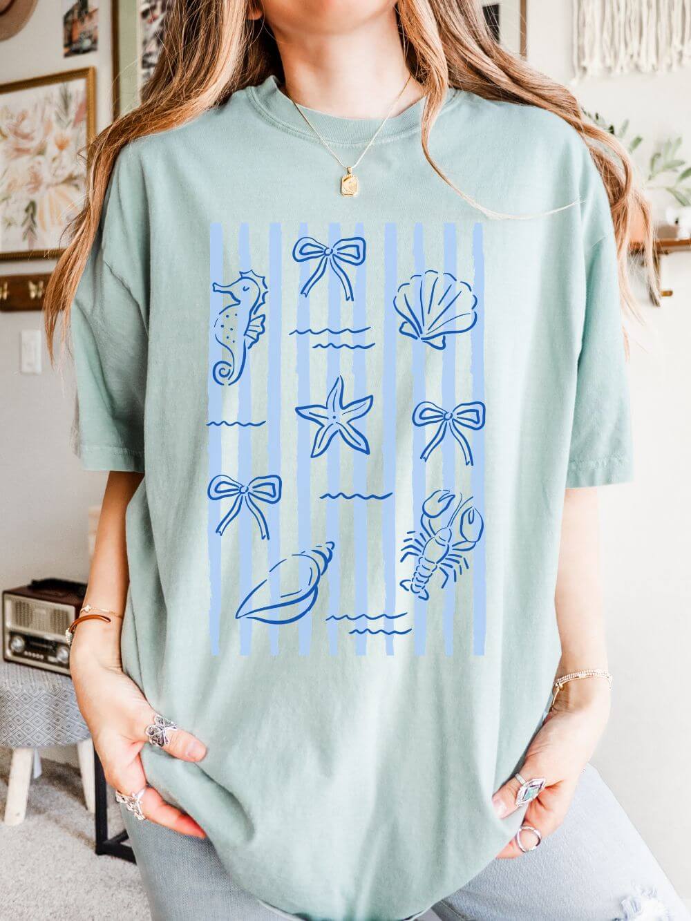 Coastal Stripes Graphic Tee Women's Nautical Seashell & Starfish T-Shirt