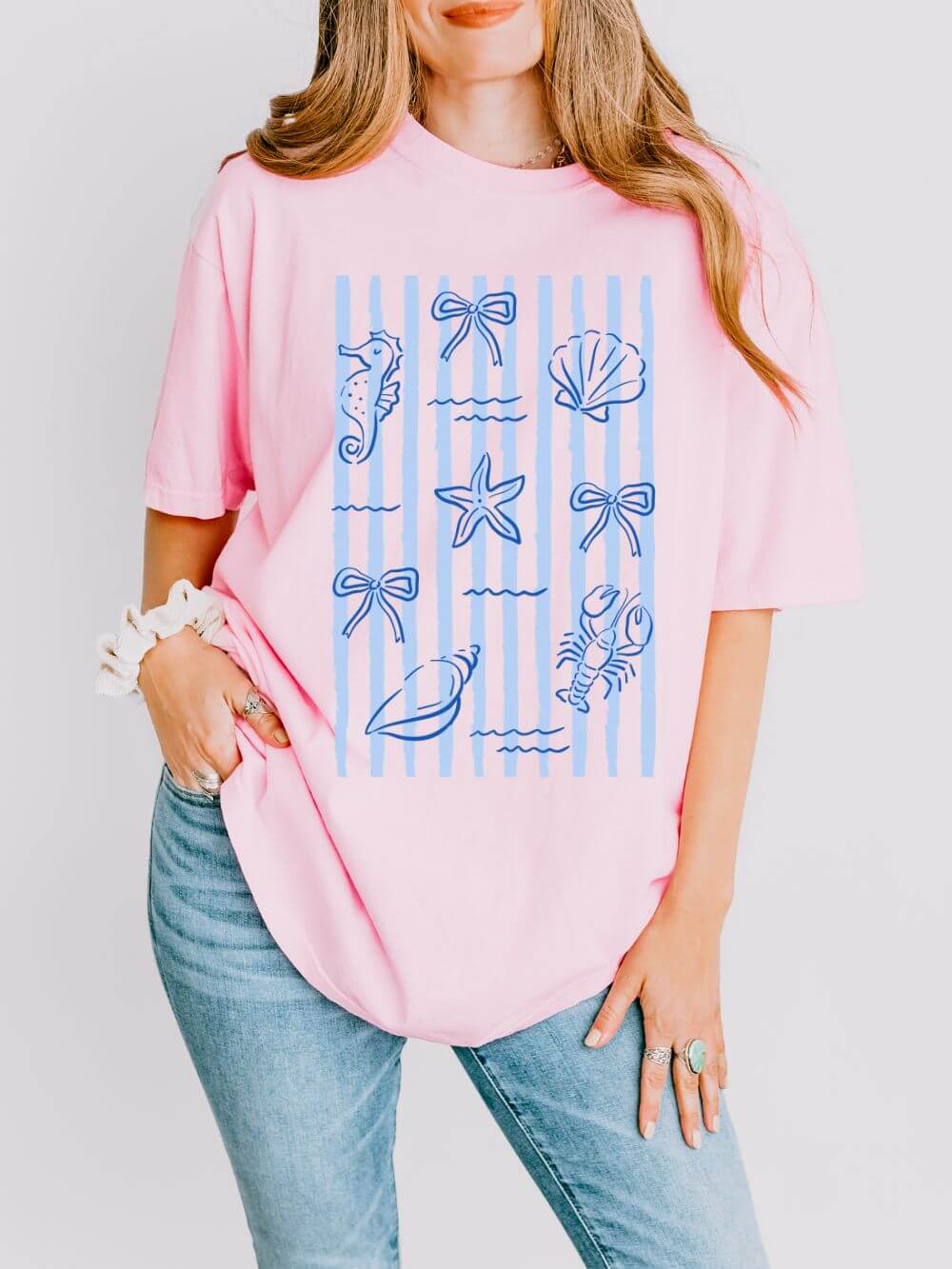 Coastal Stripes Graphic Tee Women's Nautical Seashell & Starfish T-Shirt