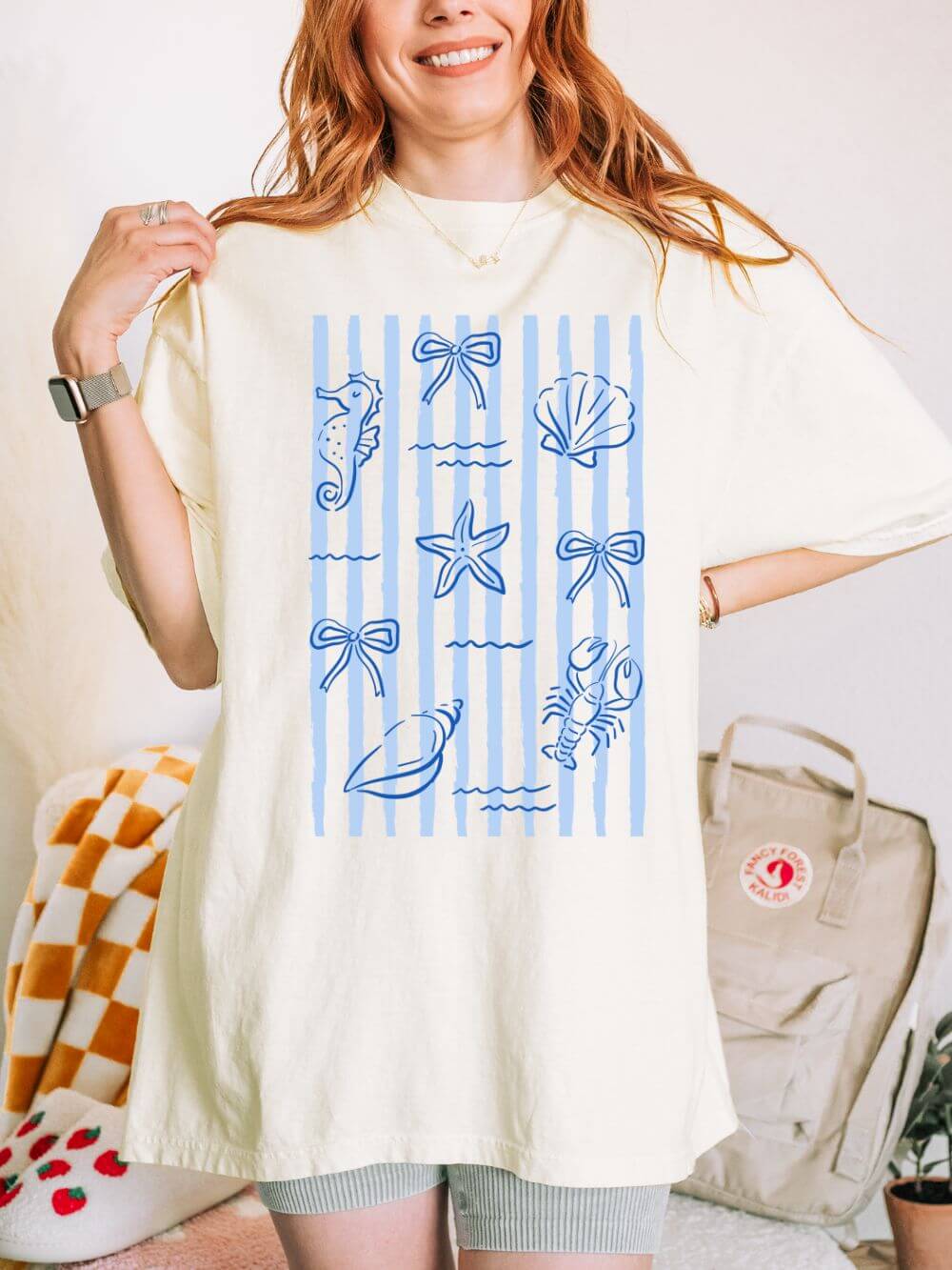 Coastal Stripes Graphic Tee Women's Nautical Seashell & Starfish T-Shirt