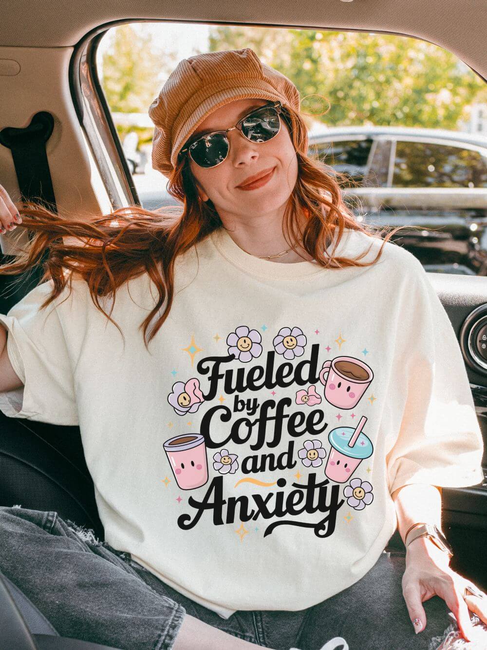 Fueled by Coffee and Anxiety T-Shirt Cute Coffee Lover Graphic Tee