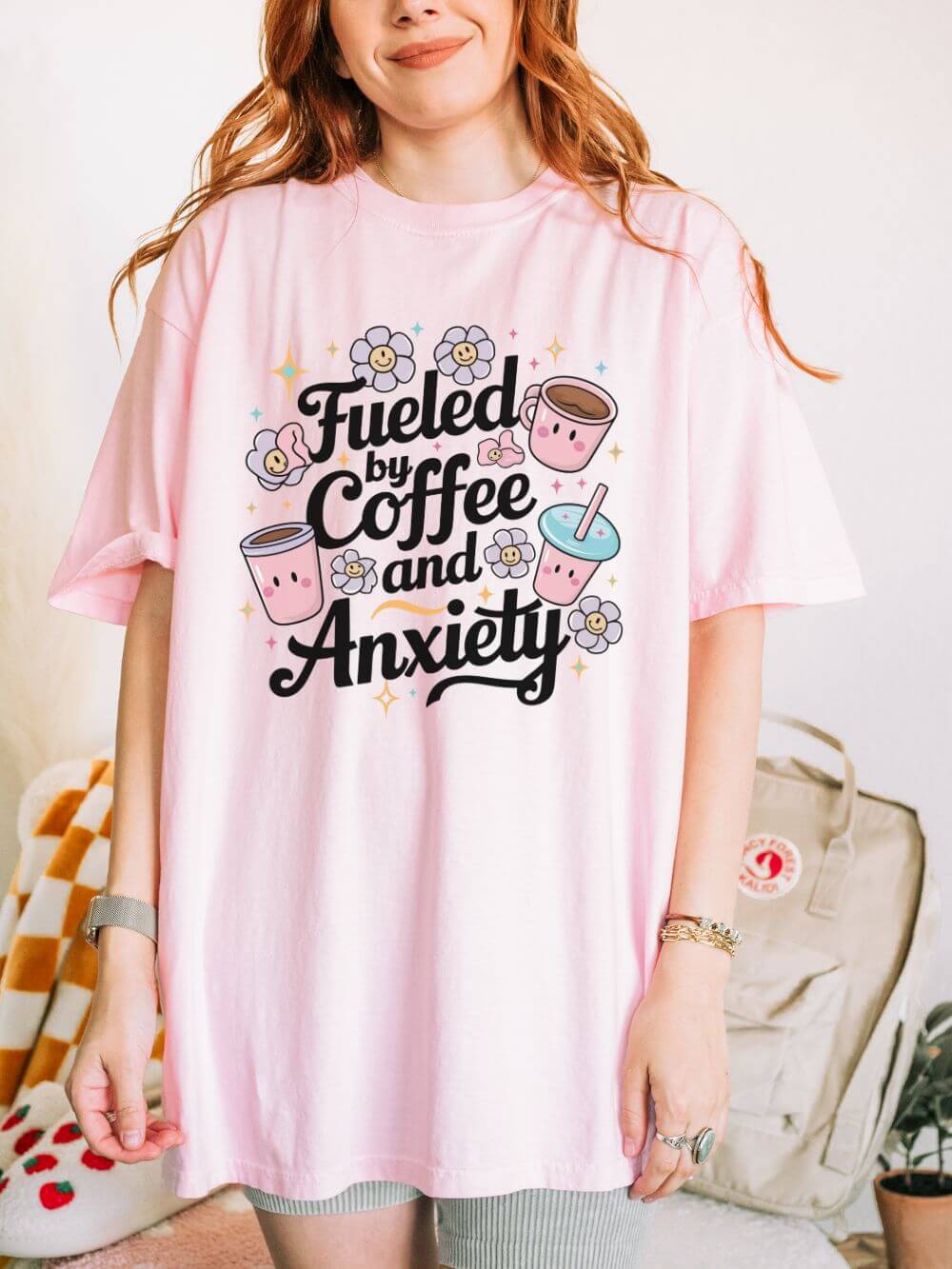Fueled by Coffee and Anxiety T-Shirt Cute Coffee Lover Graphic Tee