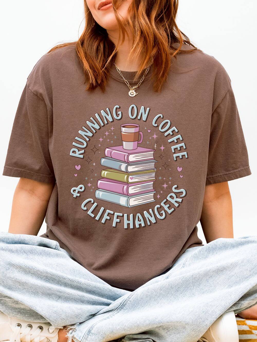 Running on Coffee & Cliffhangers Graphic T-Shirt Unisex Book Lover Short Sleeve Tee