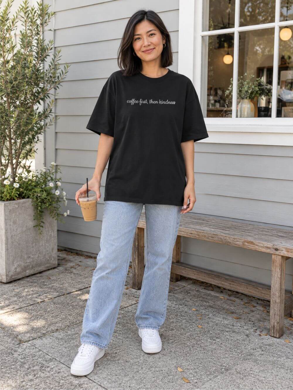 Coffee First, Then Kindness  Embroidered Script Tee Coffee Lover T-Shirt