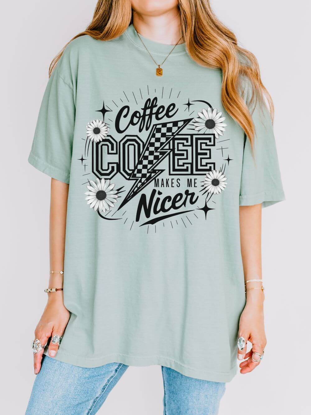 Coffee Makes Me Nicer T-Shirt Retro Daisies & Lightning Graphic Tee