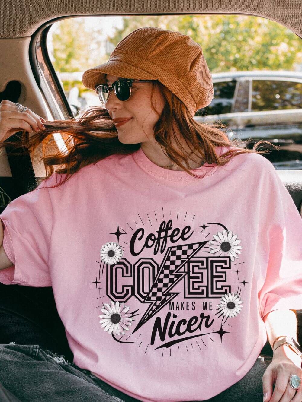 Coffee Makes Me Nicer T-Shirt Retro Daisies & Lightning Graphic Tee