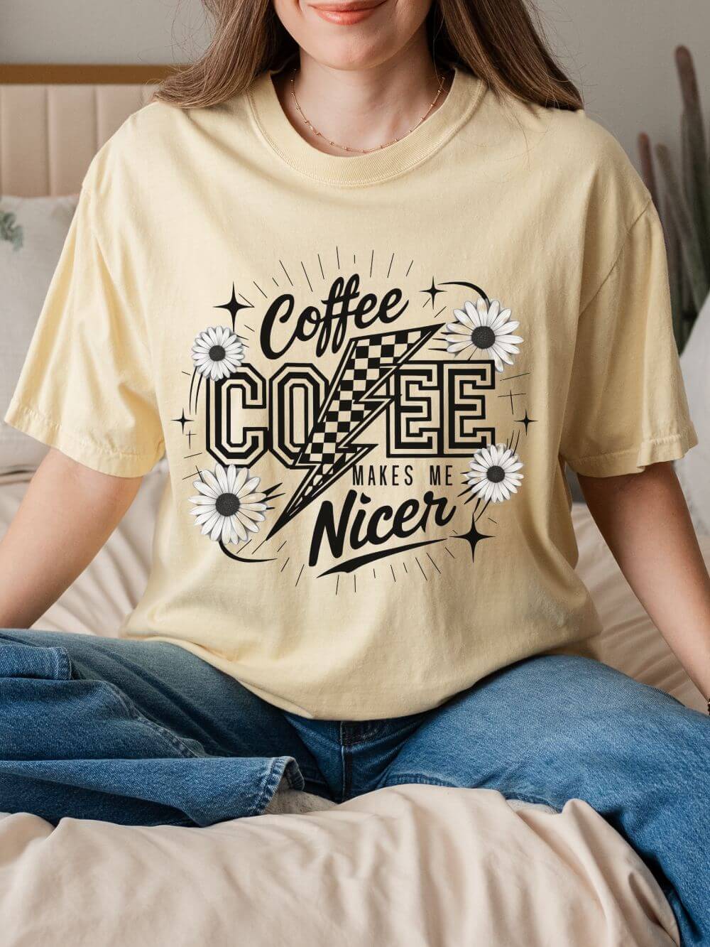Coffee Makes Me Nicer T-Shirt Retro Daisies & Lightning Graphic Tee