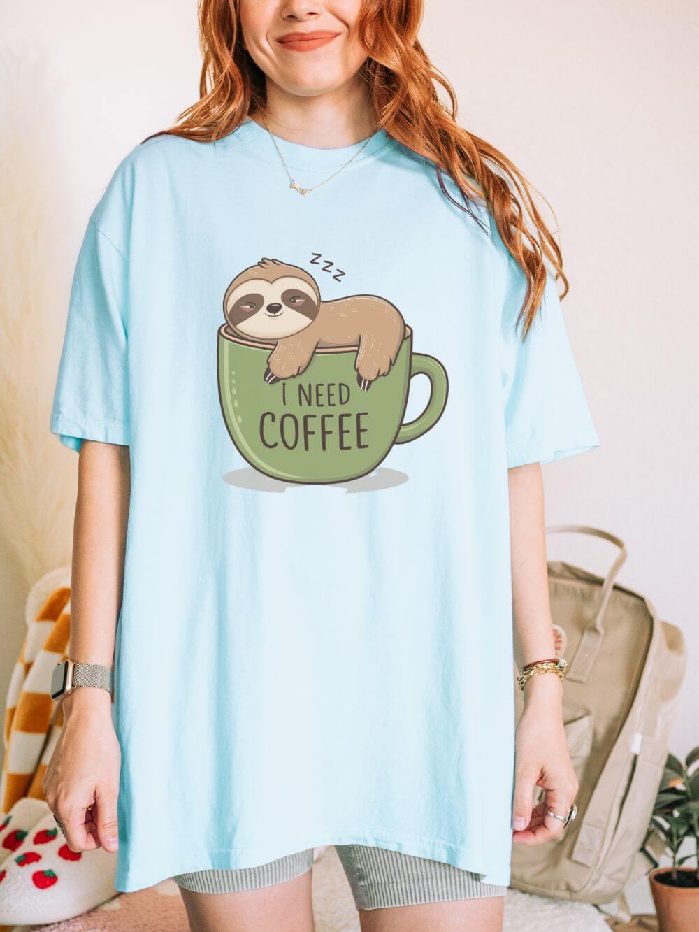 I Need Coffee Sloth Graphic T-Shirt Unisex Coffee Lover Short Sleeve Tee