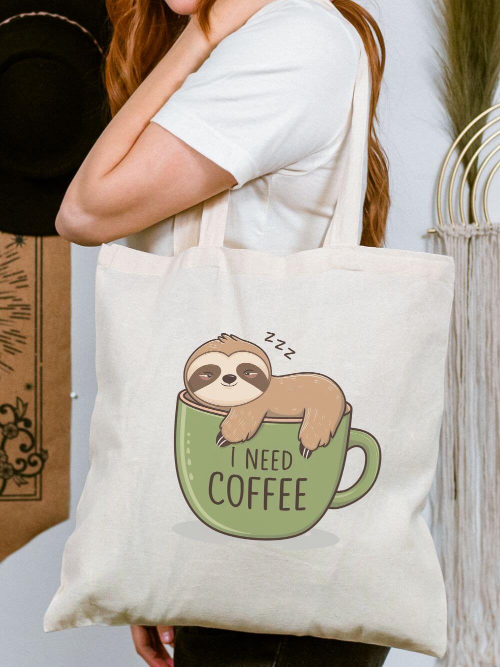 Sloth I Need Coffee Cotton Canvas Tote Bag