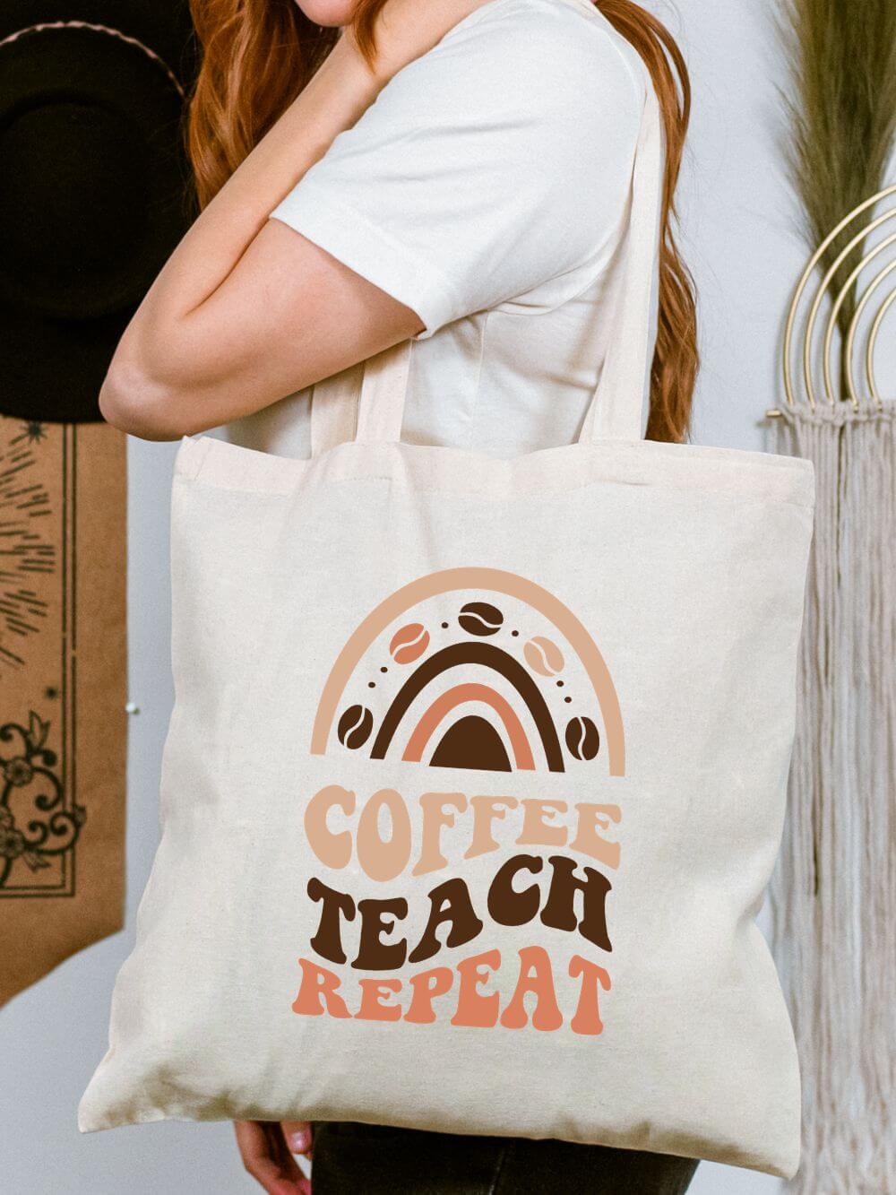 Coffee Teach Repeat Teacher Cotton Canvas Tote Bag