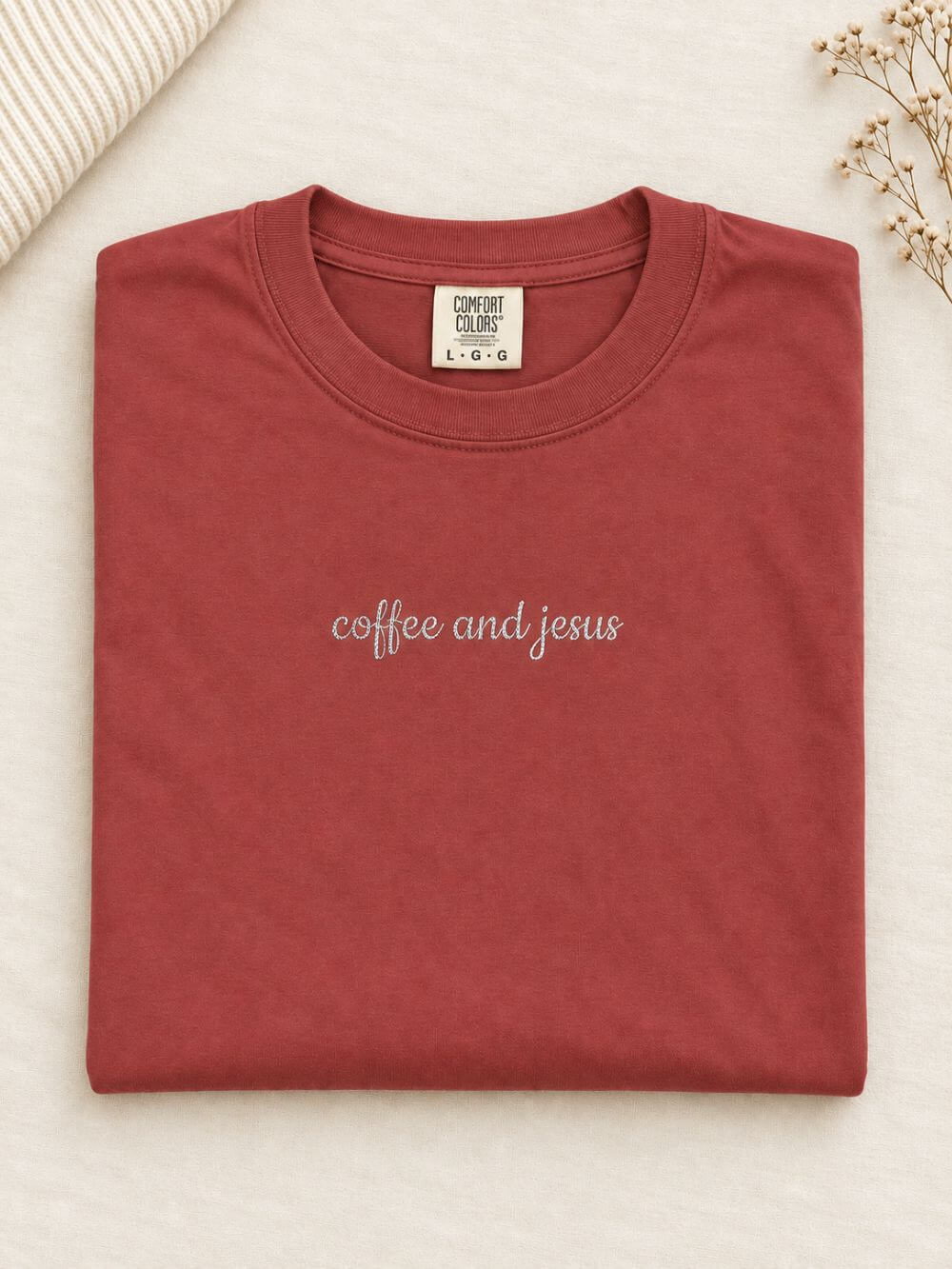 Coffee and Jesus Embroidered Script Tee Christian Inspirational T-Shirt