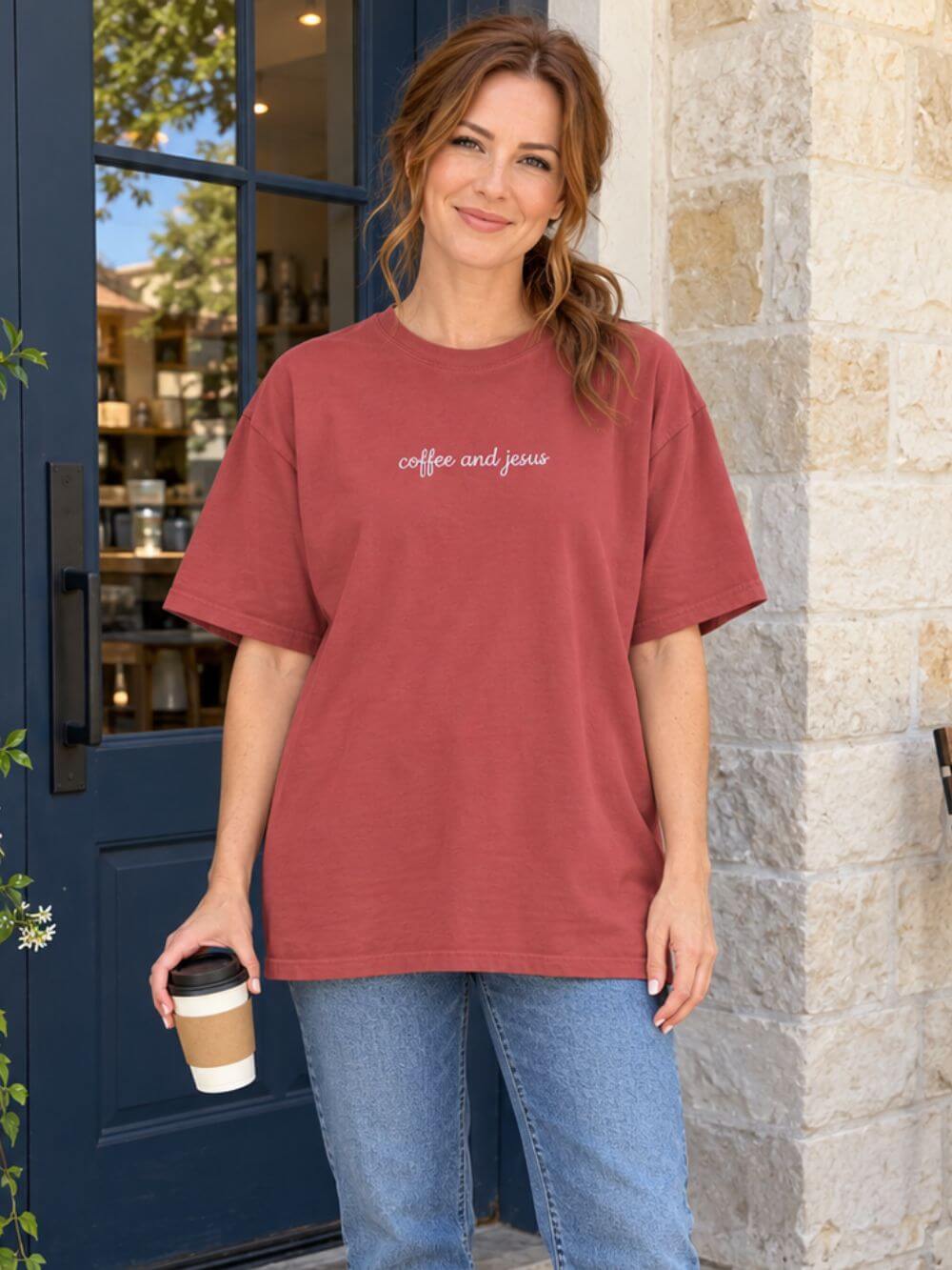 Coffee and Jesus Embroidered Script Tee Christian Inspirational T-Shirt