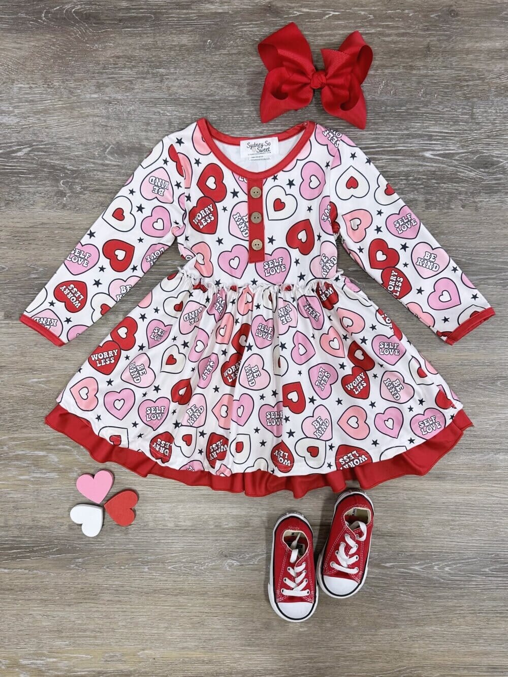 Conversation Hearts Red Layered Girls Long Sleeve Dress - Sydney So Sweet