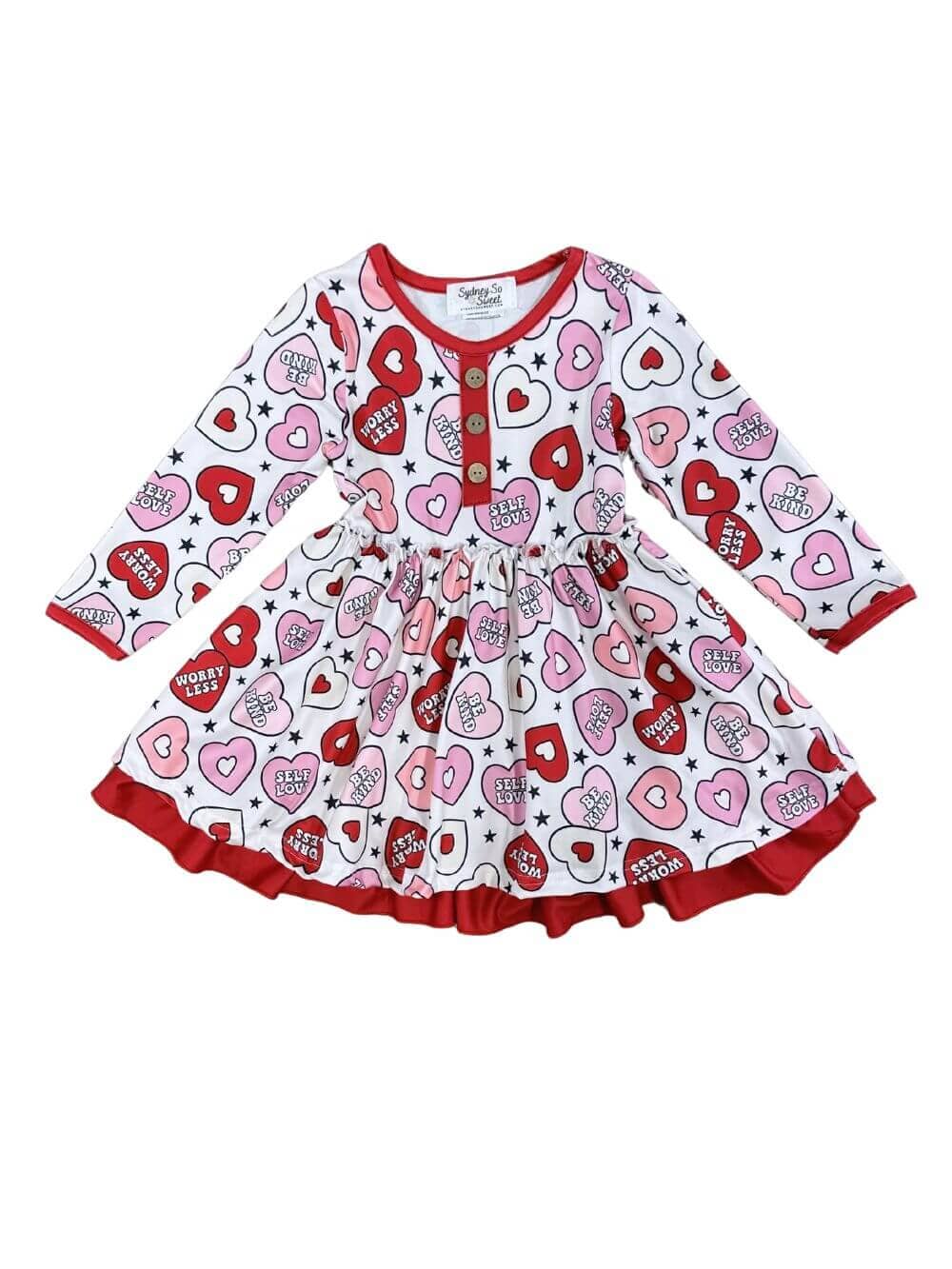 Conversation Hearts Red Layered Girls Long Sleeve Dress - Sydney So Sweet