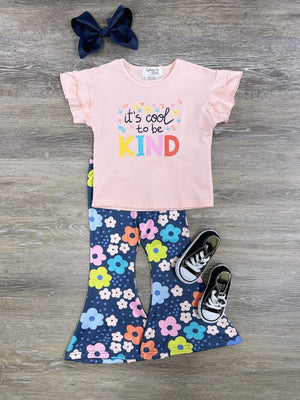 Cool to be Kind Peach & Blue Retro Floral Bell Bottom Outfit - Sydney So Sweet